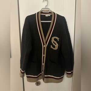 Sandro Dark Grey Cardigan with Tan and Red Stripes